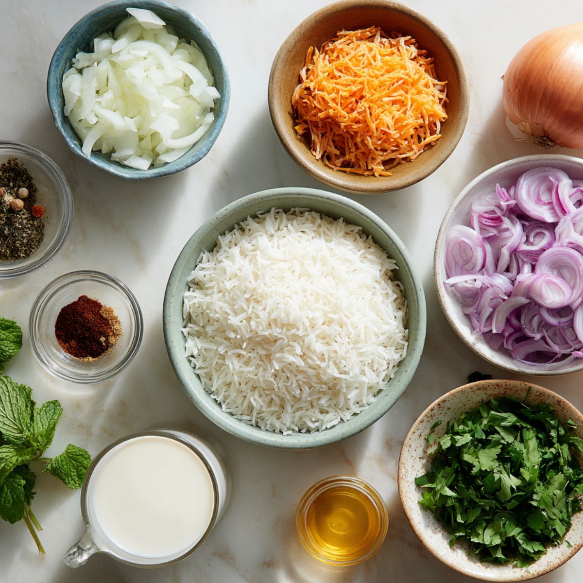 Overhead view of raw ingredients for homemade vegetable dum biryani on a white kitchen counter.