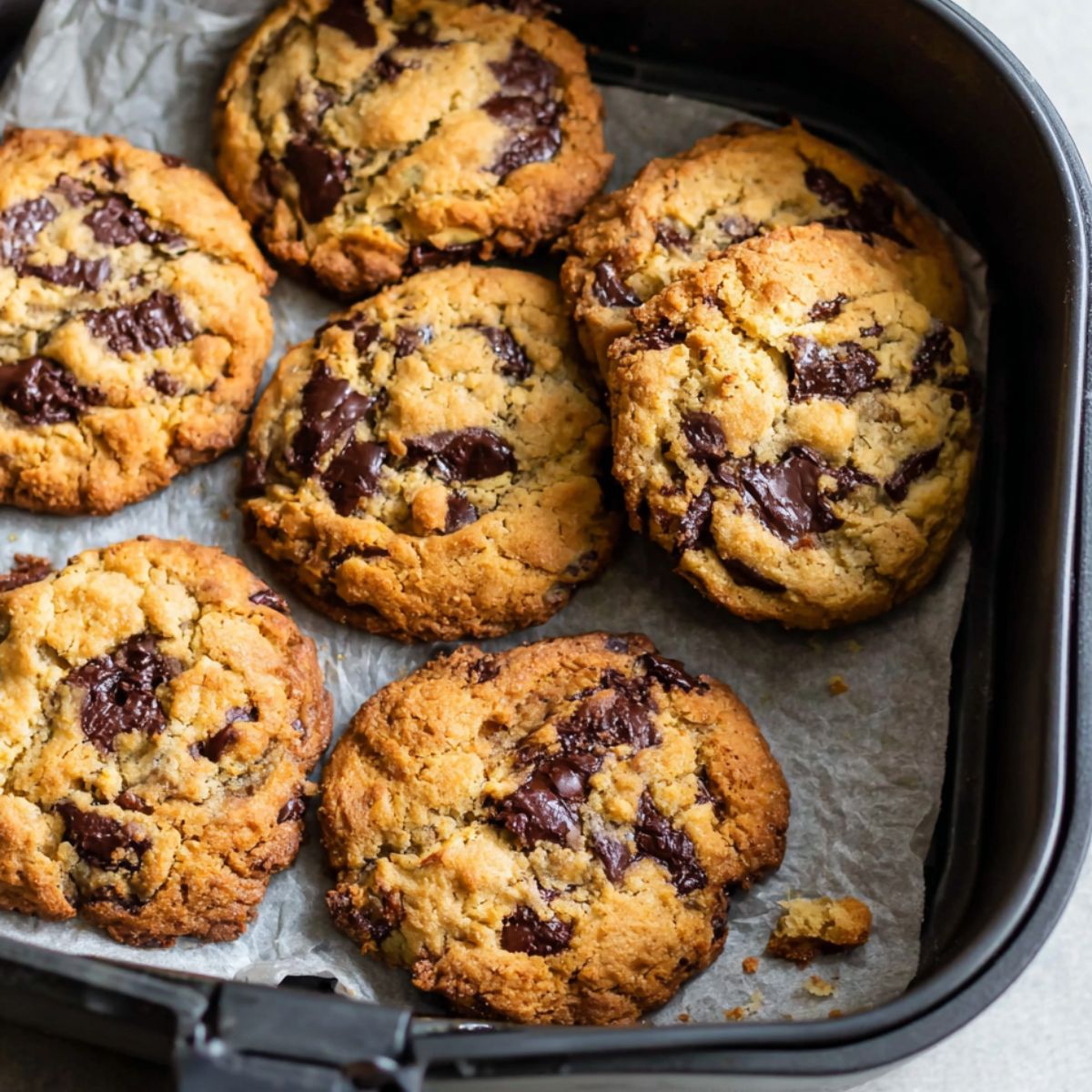Freshly baked Chocolate Chip Cookies in Air Fryer on parchment paper , imperfectly shaped and golden brown on a white kitchen counter.