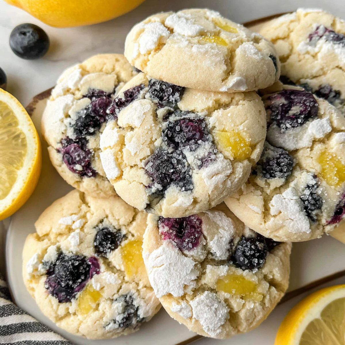 Overhead shot of homemade lemon blueberry cookies on a white kitchen counter with lemons and blueberries scattered around.