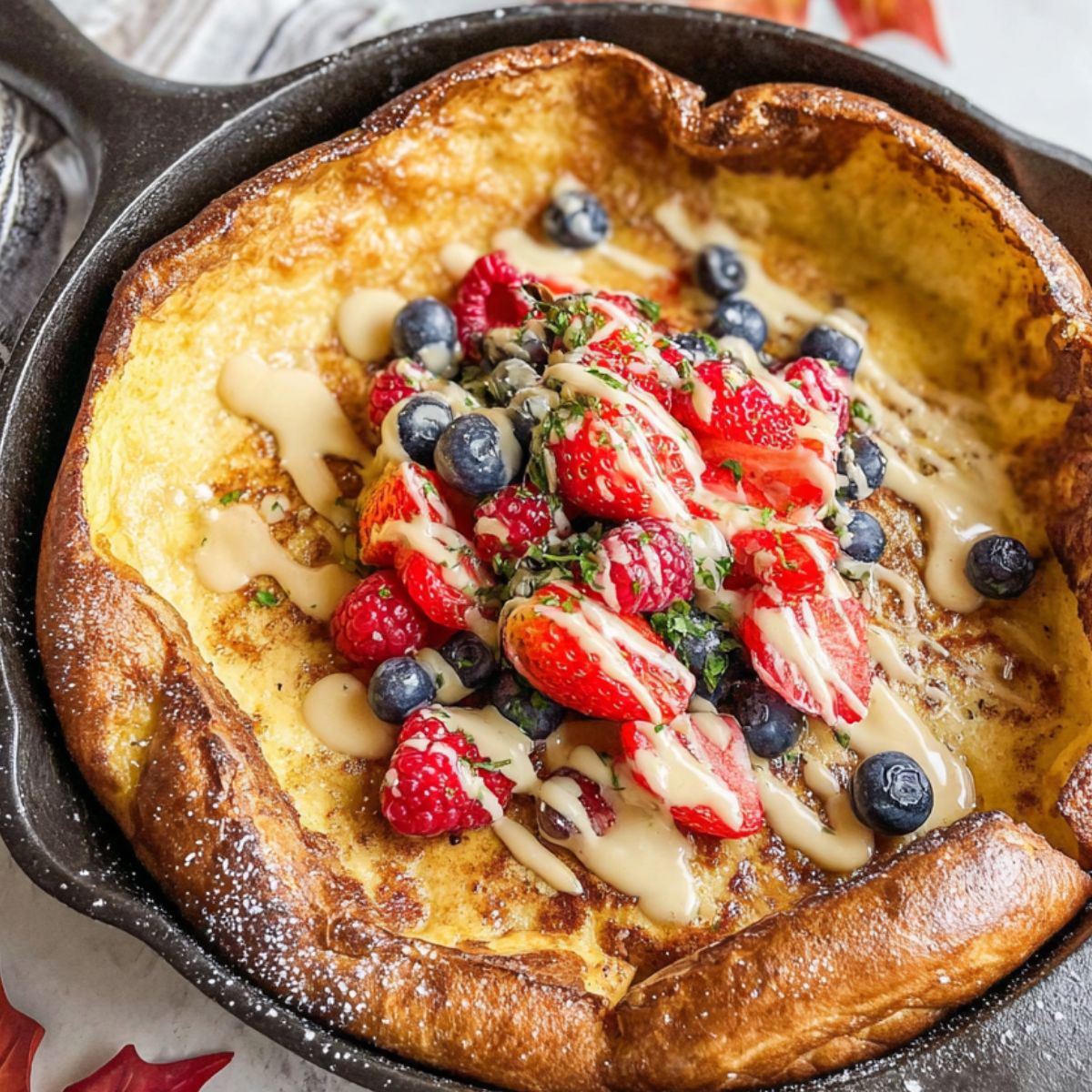 Homemade pumpkin german pancake in a cast iron skillet, puffed and golden with powdered sugar and maple syrup on a white countertop.