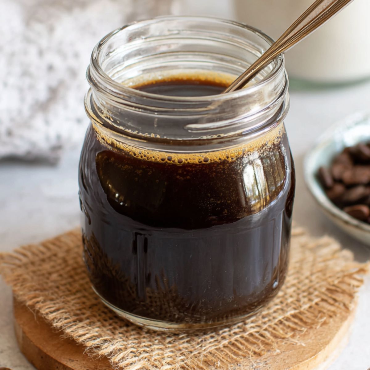 Homemade Mocha Syrup for Coffee in a glass bottle on a white kitchen counter
