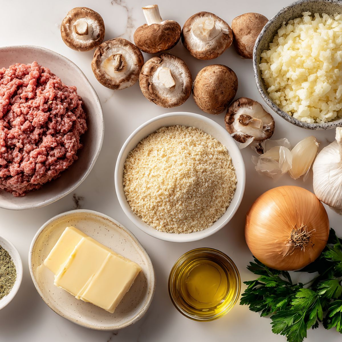 Overhead view of ingredients for homemade Salisbury steak meatballs on a white kitchen counter.