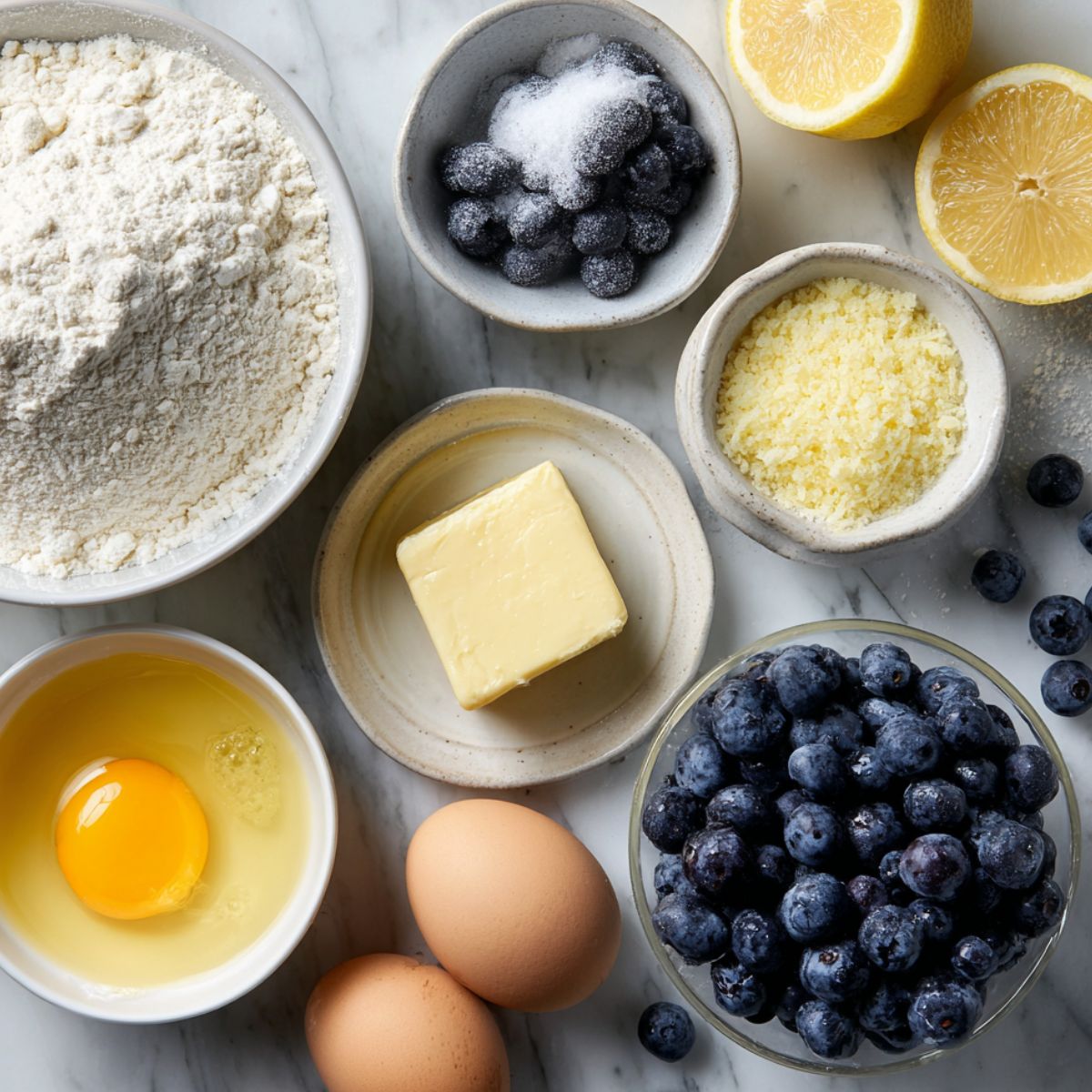 Overhead photo of homemade lemon blueberry cookie ingredients scattered on a white kitchen counter with lemons and blueberries.