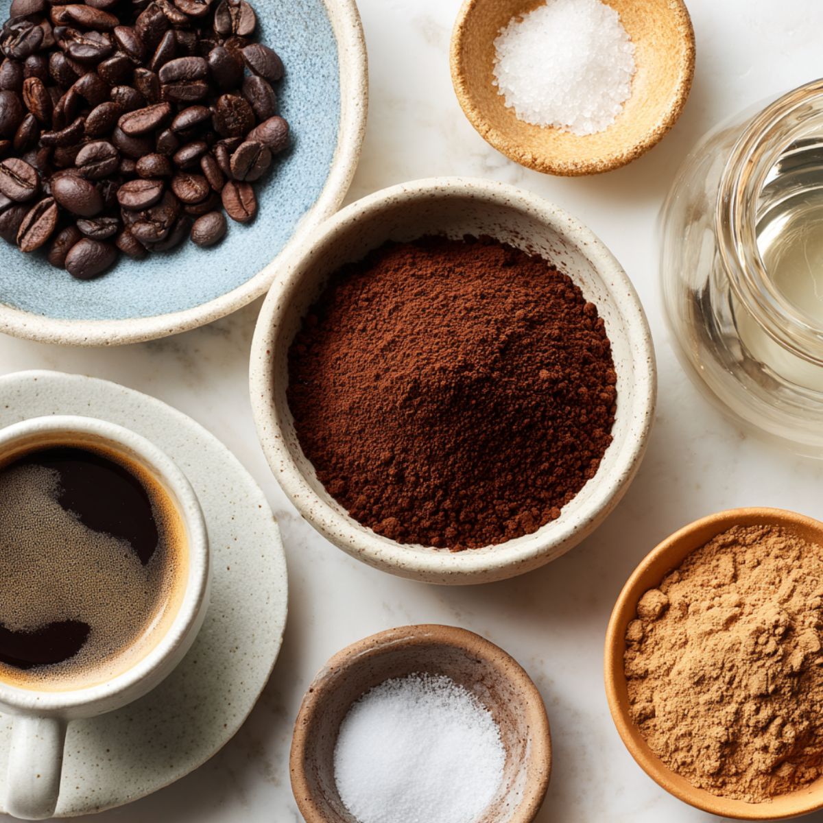 Flatlay of mocha syrup ingredients on a white kitchen counter with cocoa, sugar, espresso powder, and vanilla extract in natural light.