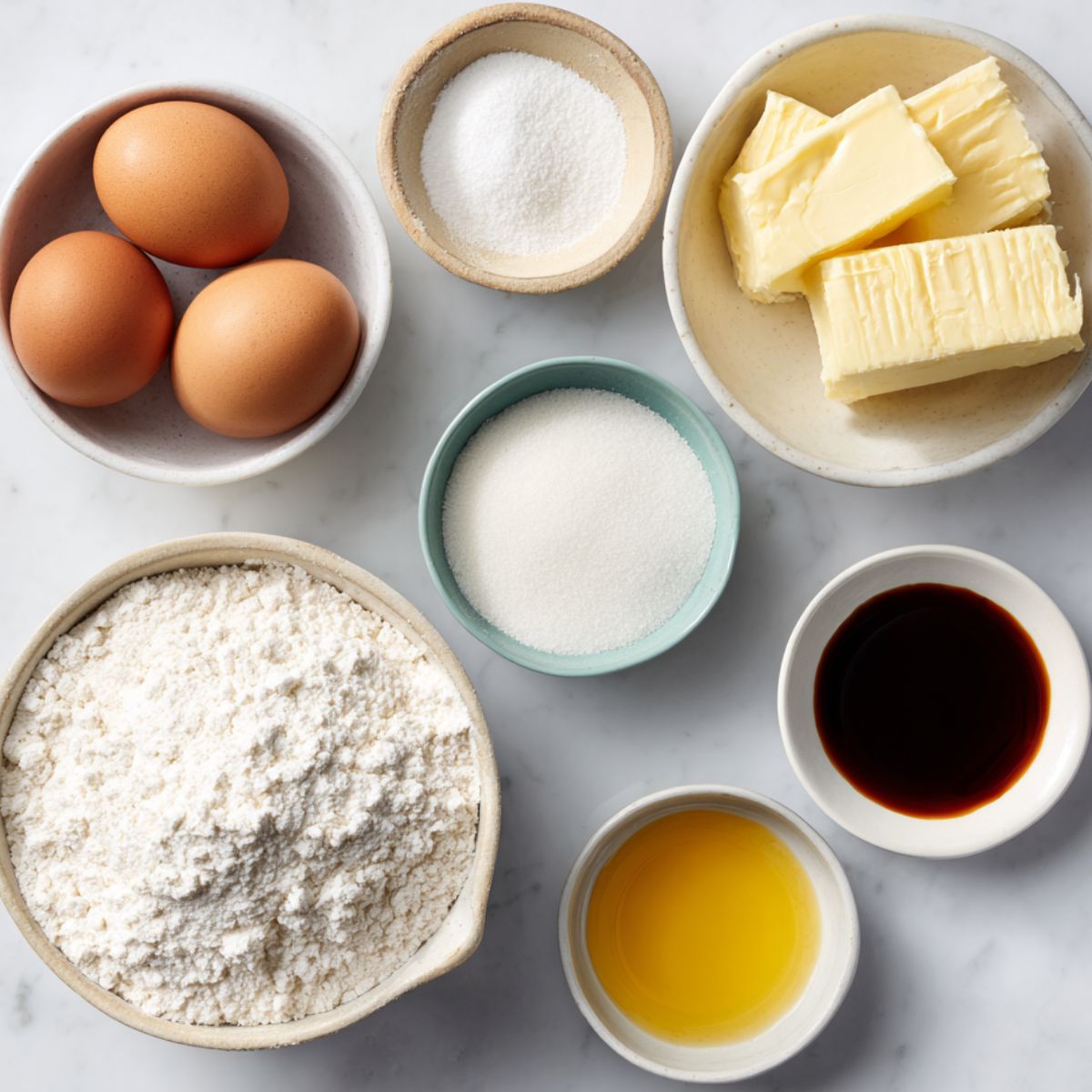 Overhead view of pancake bite ingredients on a white counter ; eggs, flour, buttermilk, butter, and sugar arranged naturally with a cozy homemade feel.