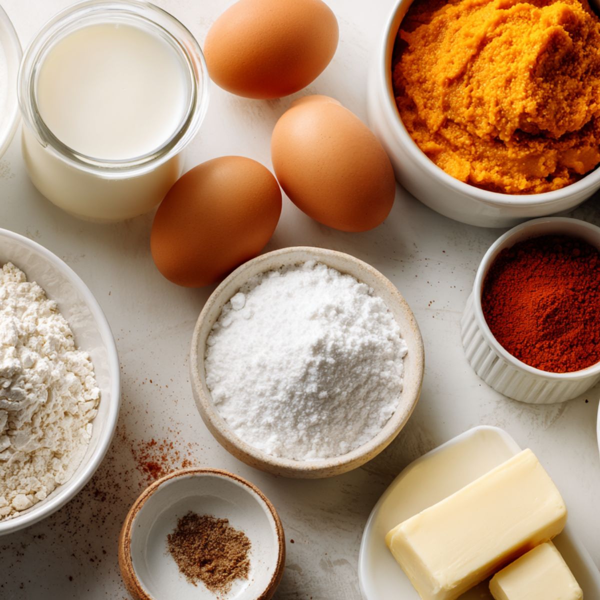 Top-down view of pumpkin german pancake ingredients casually arranged on a white countertop, including eggs, pumpkin puree, flour, and spices.