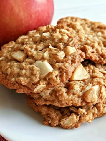 Freshly baked apple pie oatmeal cookies on a white kitchen counter with a cozy homemade look.