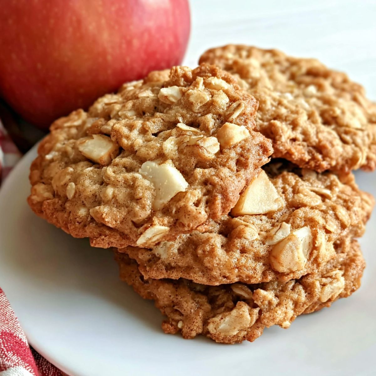 Freshly baked apple pie oatmeal cookies on a white kitchen counter with a cozy homemade look.