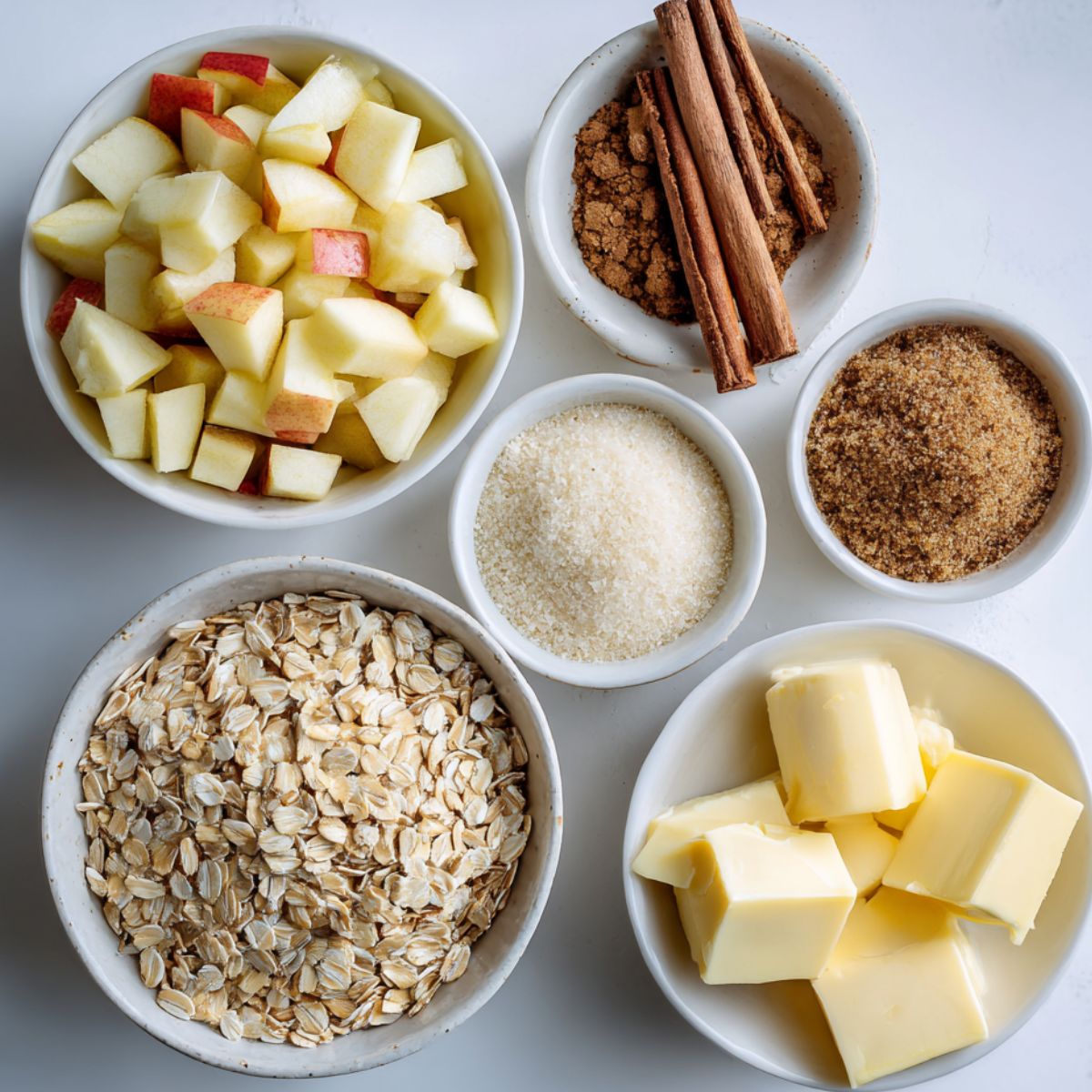 Apple pie oatmeal cookie ingredients casually laid out on a white kitchen counter.