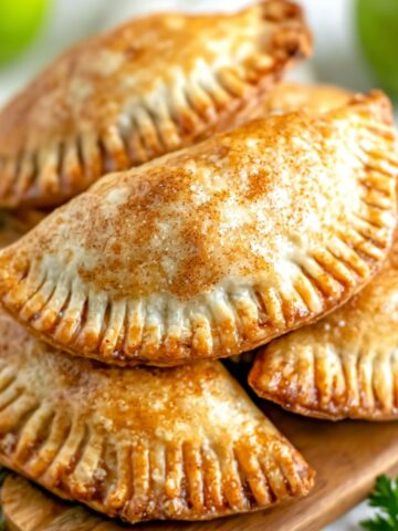 Homemade apple hand pies on a white kitchen counter with cinnamon sugar and crumbs.