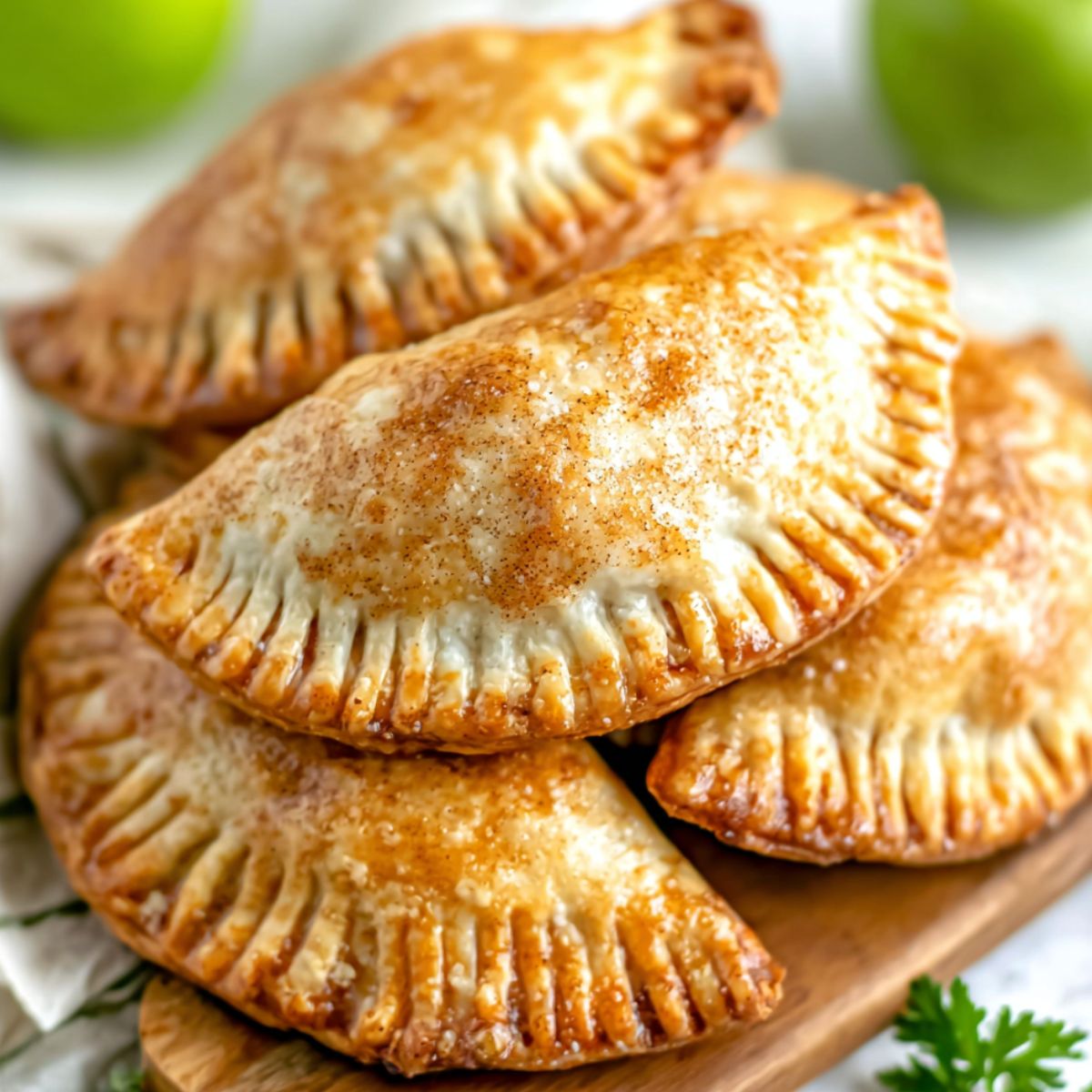 Homemade apple hand pies on a white kitchen counter with cinnamon sugar and crumbs.