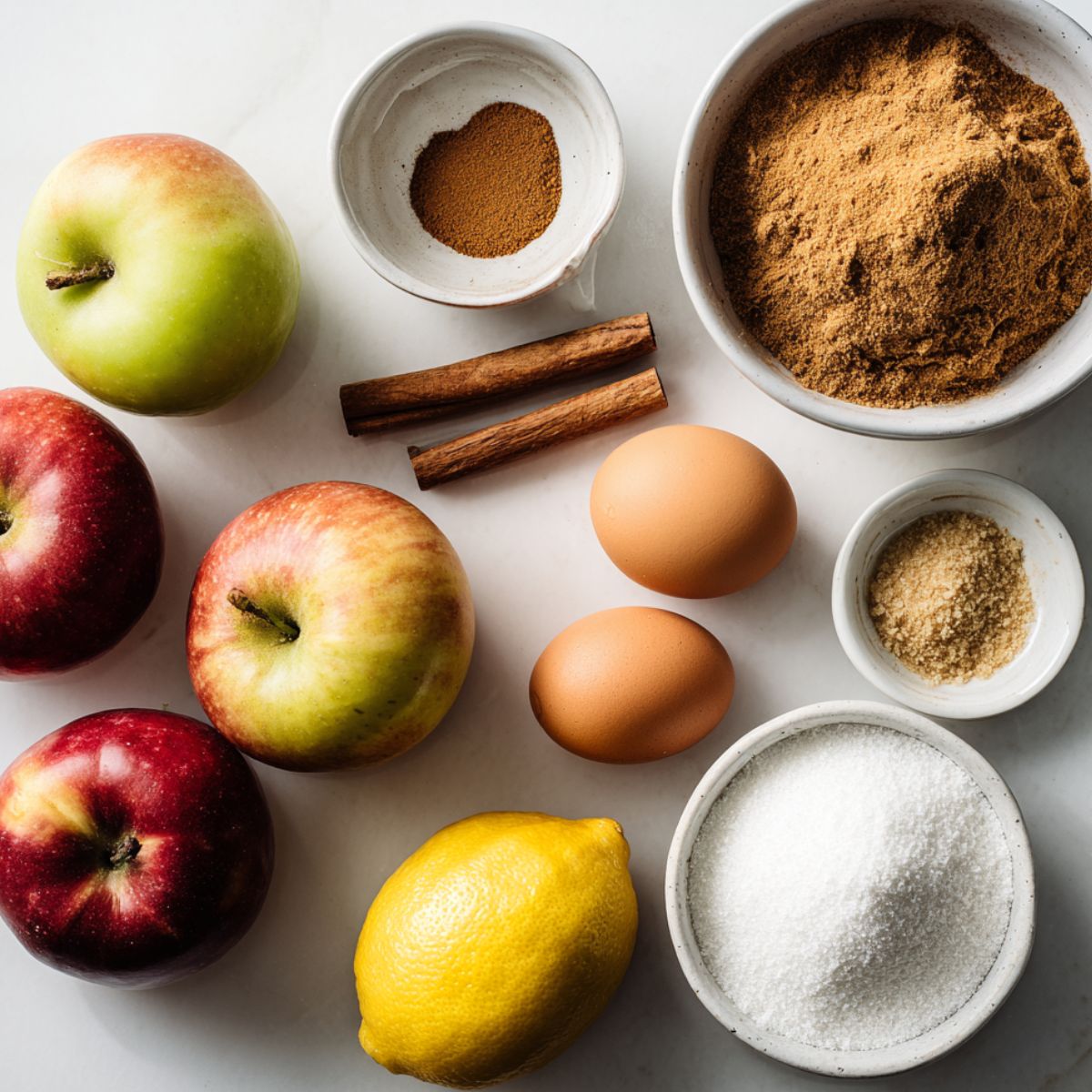 Ingredients for homemade apple hand pies casually arranged on a white kitchen counter.