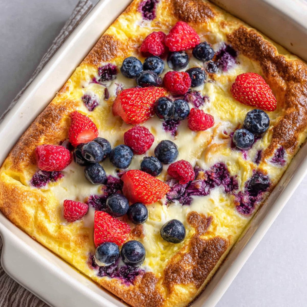 Homemade baked yogurt in a baking dish on a kitchen counter