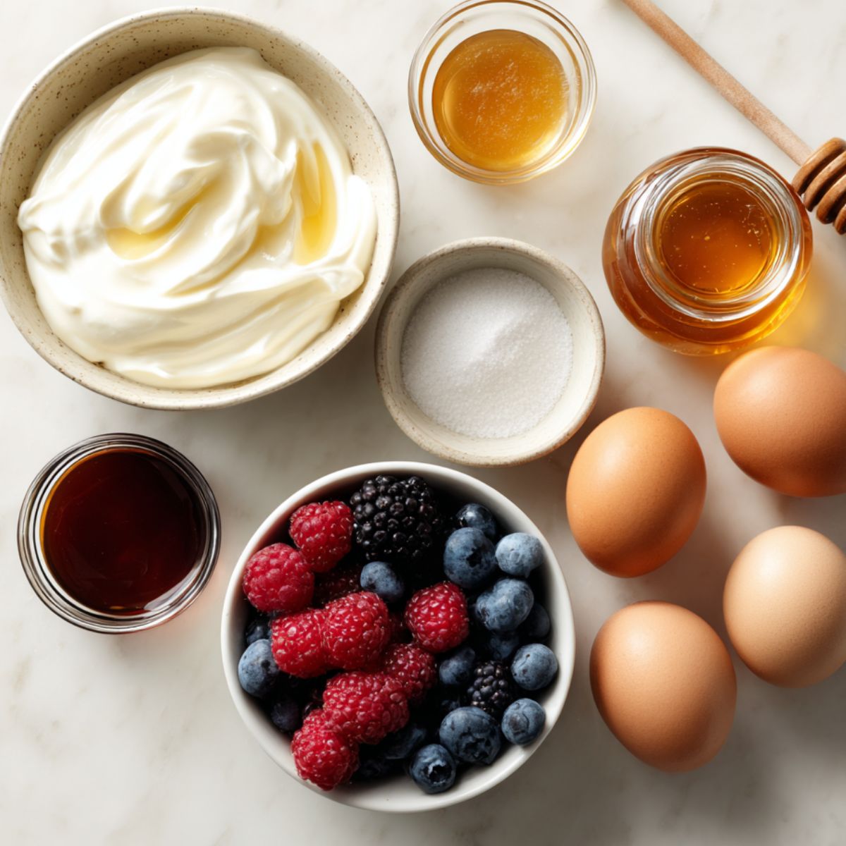 Overhead photo of baked yogurt ingredients — yogurt, eggs, honey, vanilla, and berries arranged casually on a white countertop
