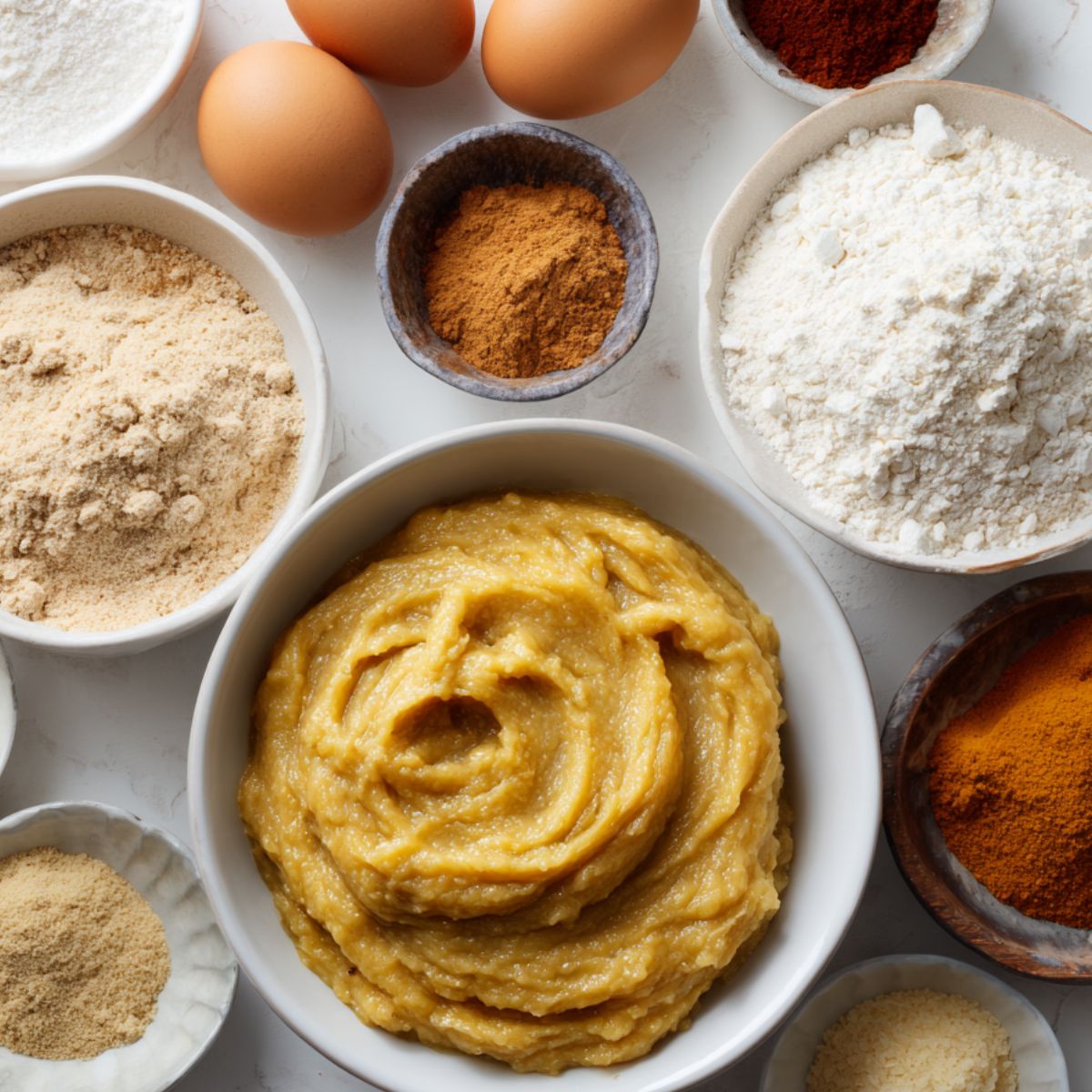 Overhead shot of banana pumpkin bread ingredients on a white counter — mashed bananas, pumpkin puree, eggs, flour, and spices arranged casually in small bowls.