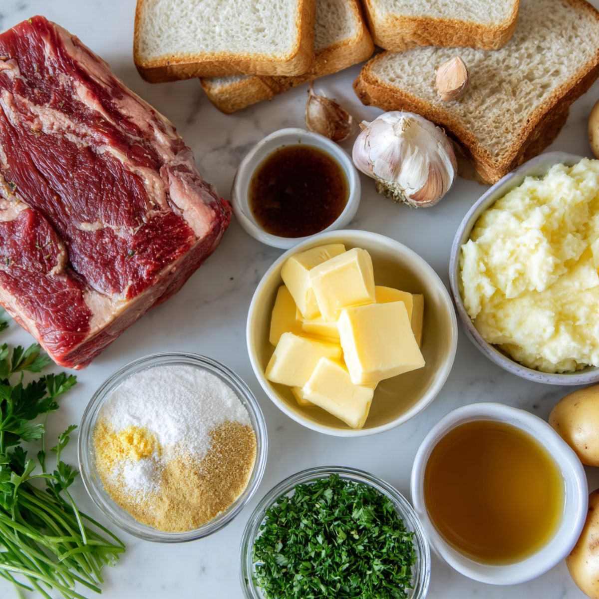 Ingredients for a homemade Beef Manhattan recipe arranged casually on a white kitchen counter.