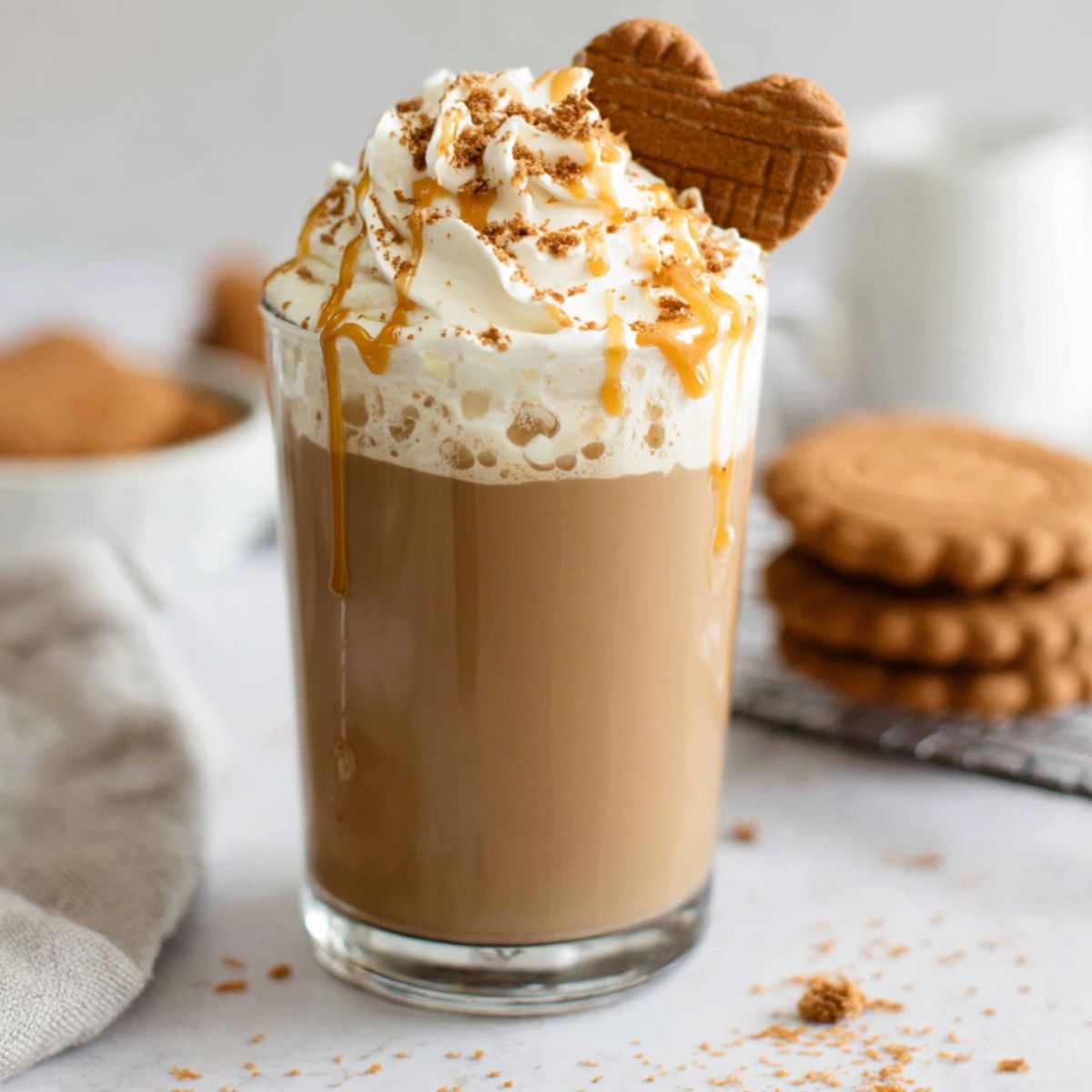 Homemade Biscoff latte on a white kitchen counter with cookie crumbs
