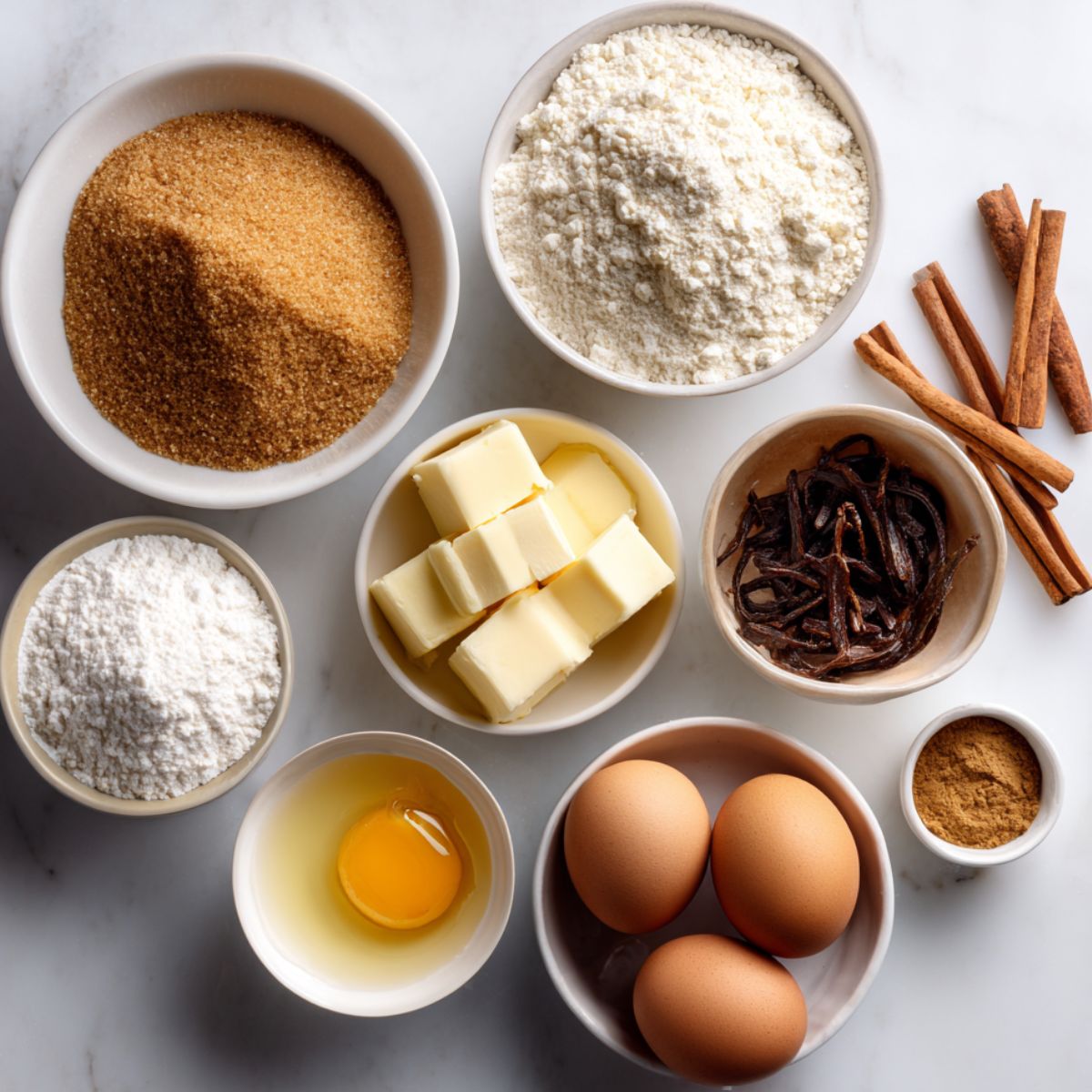 Overhead photo of cinnamon sugar blondie ingredients laid out on a white counter with a casual, homemade look.