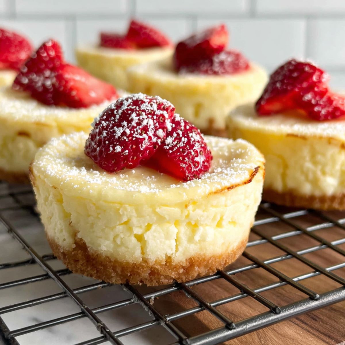 Flatlay of cheesecake cupcake ingredients on a white kitchen counter, showing cream cheese, eggs, butter, and graham cracker crumbs.