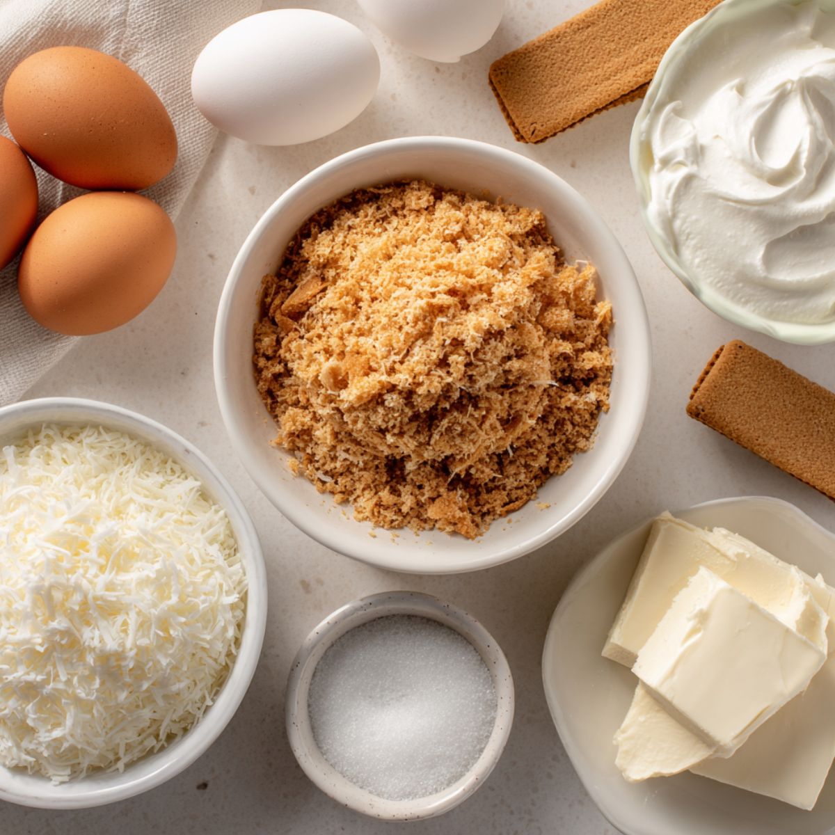 Top-down view of coconut cheesecake ingredients on a white kitchen counter, casually arranged.