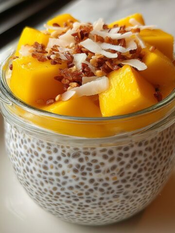 Homemade coconut chia seed pudding in a glass jar topped with mango and coconut flakes on a white kitchen counter.