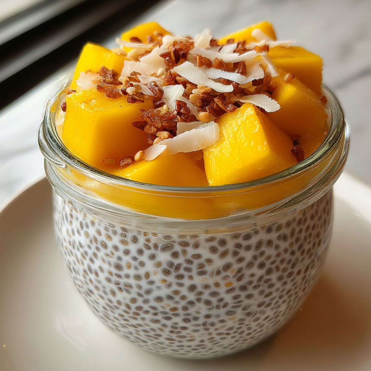Homemade coconut chia seed pudding in a glass jar topped with mango and coconut flakes on a white kitchen counter.