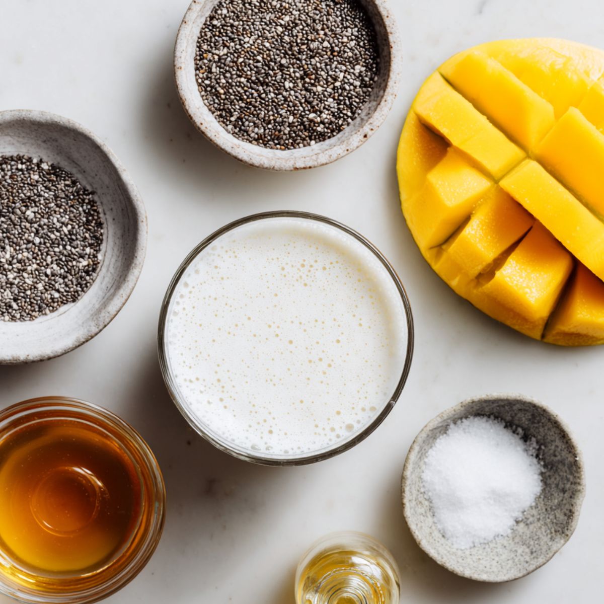Top-down view of coconut chia seed pudding ingredients laid out on a white kitchen counter, including coconut milk, chia seeds, honey, vanilla, and fruit.