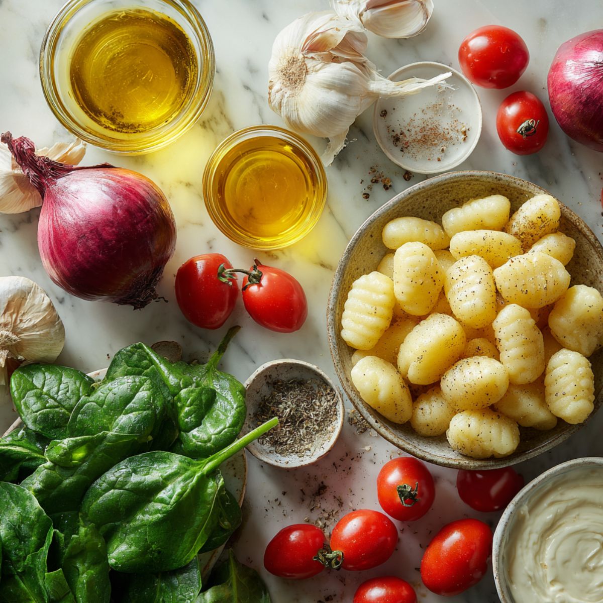 Casually arranged ingredients for creamy gnocchi soup on a white kitchen counter