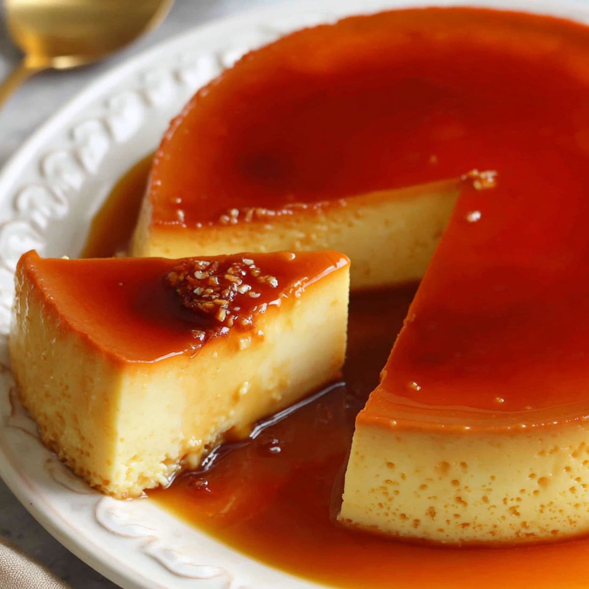 Homemade coconut flan with caramel topping on a white kitchen counter