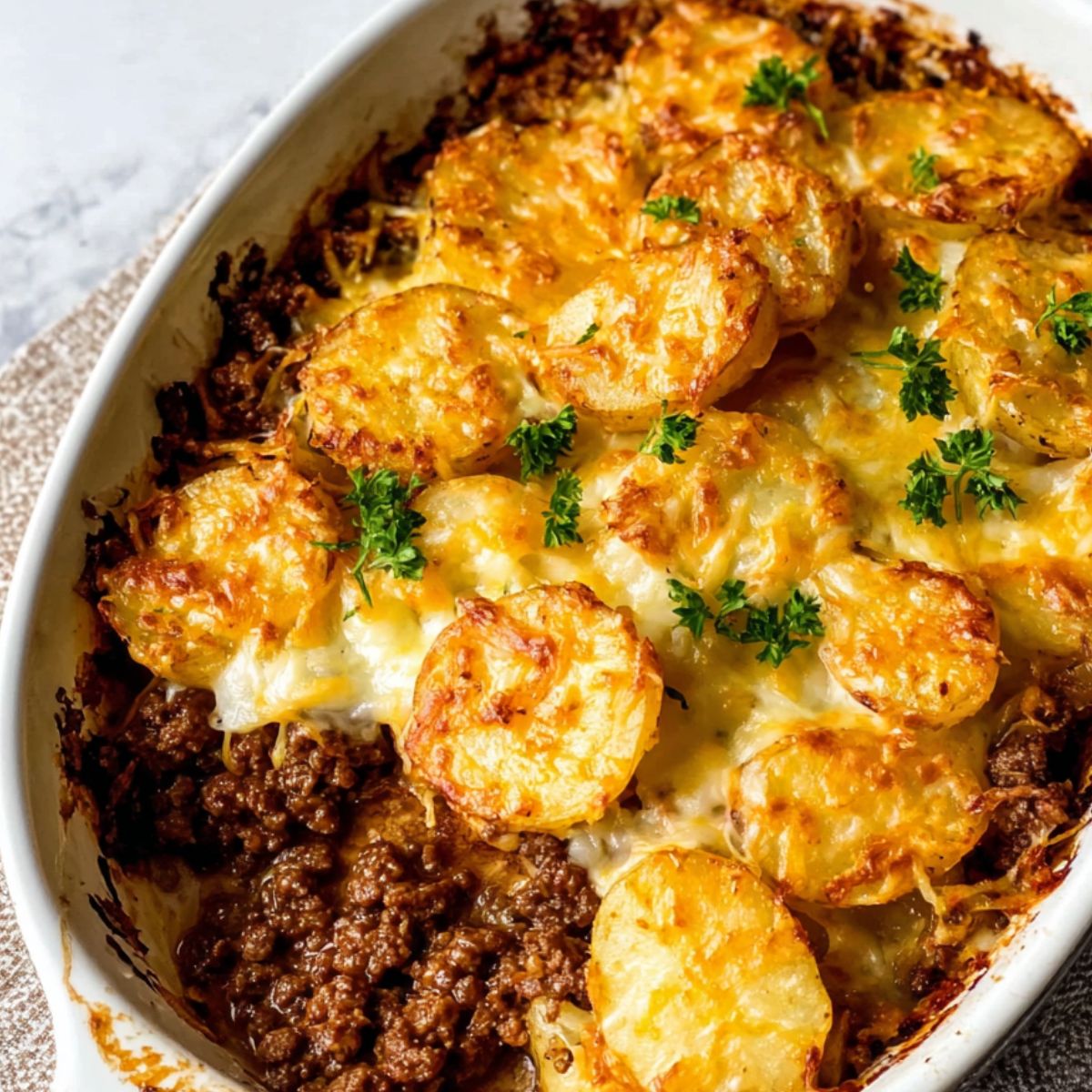 Homemade hobo casserole with ground beef and potatoes in a baking dish on a white kitchen counter, viewed from above.