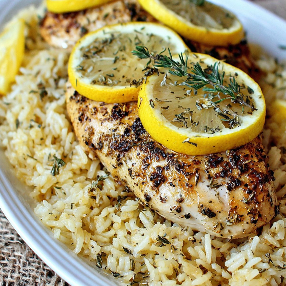 Homemade lemon herb chicken and rice served on a kitchen table.