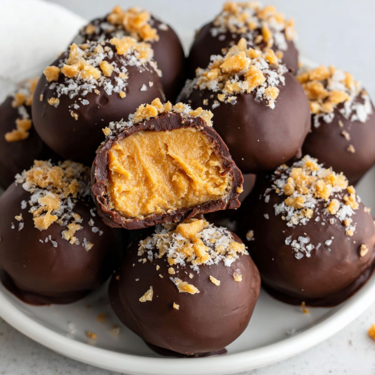 Homemade peanut butter chocolate balls on a white kitchen counter with natural light.