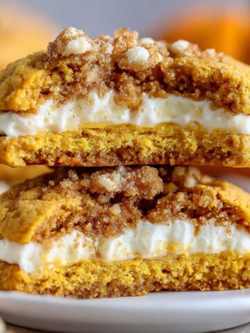 Overhead shot of homemade pumpkin cheesecake cookies on a white kitchen counter with a cozy fall vibe.