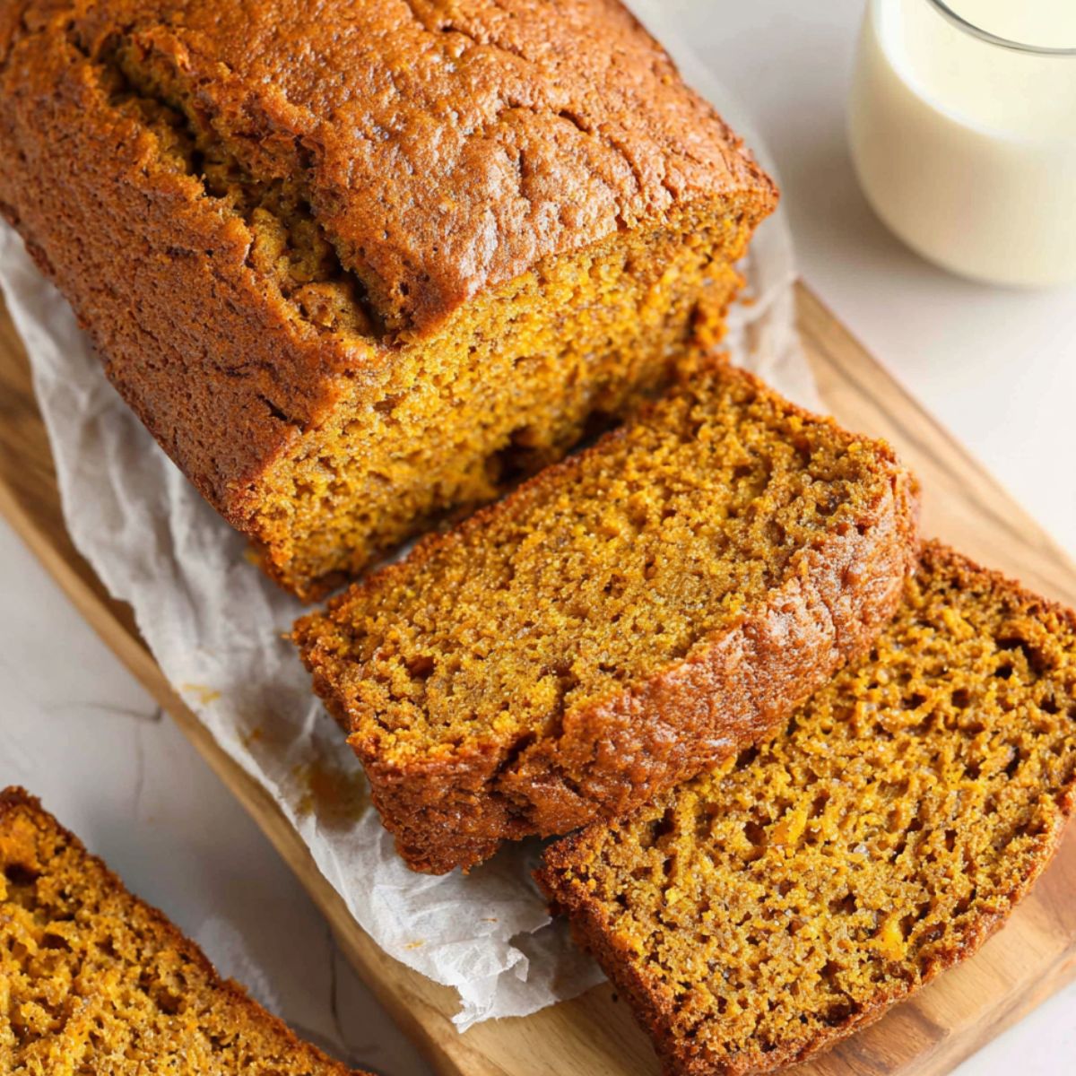 Overhead view of a homemade banana pumpkin bread loaf on a white kitchen counter, showing its golden crust and cozy fall texture.