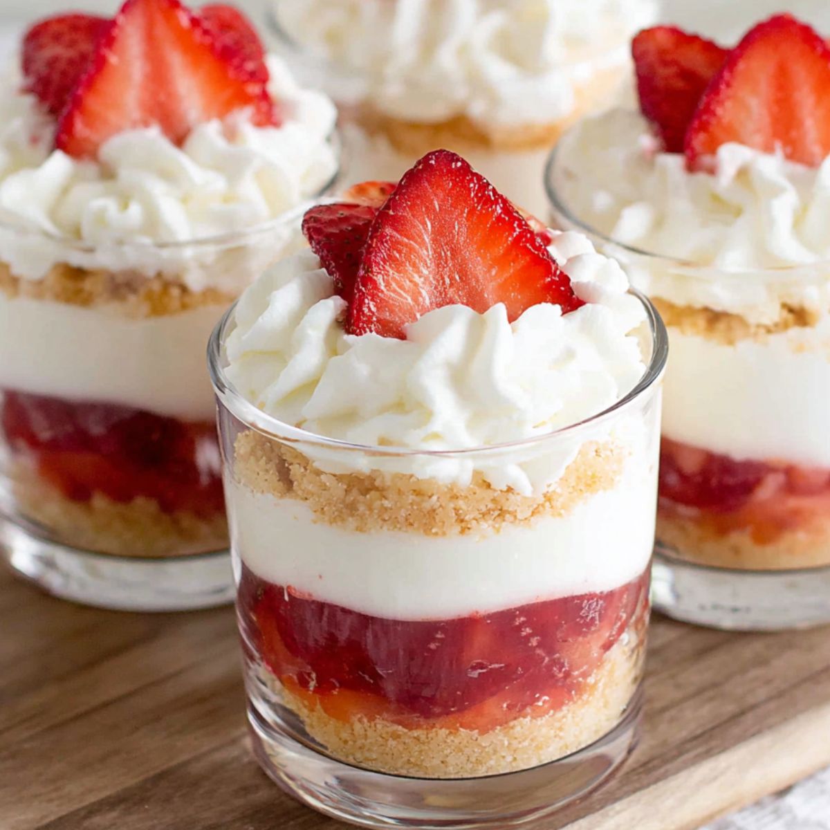 Homemade strawberry cheesecake cups on a white kitchen counter, topped with whipped cream and strawberries,