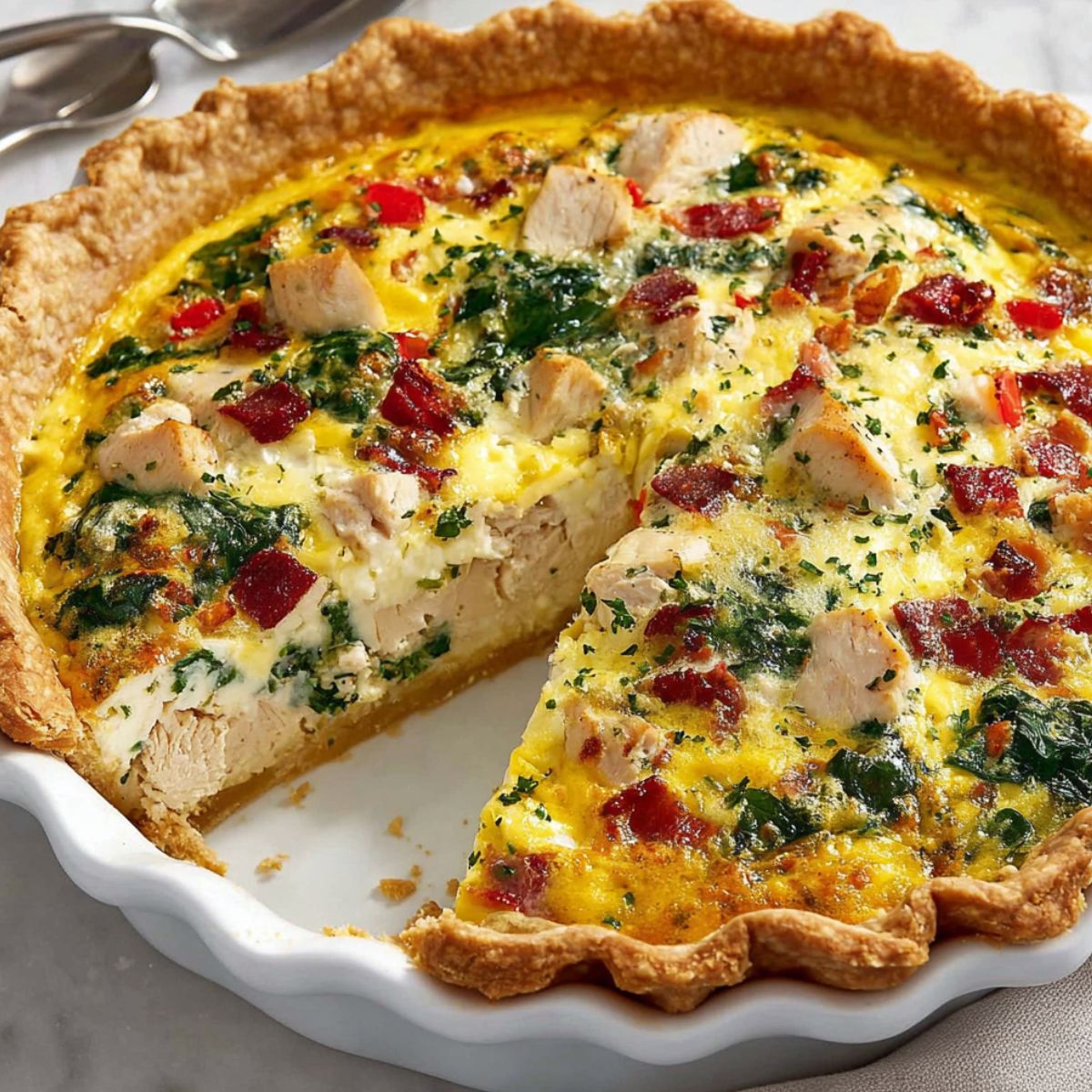 Homemade chicken quiche on a white kitchen counter