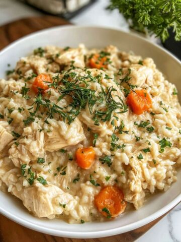 Top-down view of a homemade chicken and rice slow cooker meal served in a ceramic bowl on a white kitchen counter.