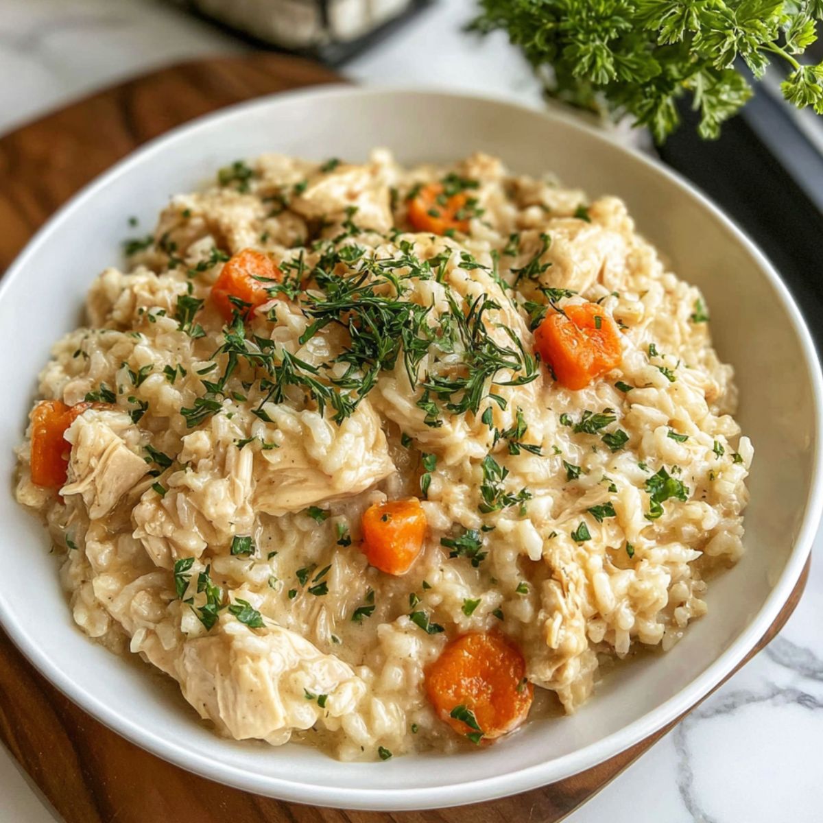 Top-down view of a homemade chicken and rice slow cooker meal served in a ceramic bowl on a white kitchen counter.