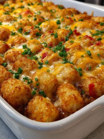 Homemade chili cheese tater tot casserole in a baking dish on a white counter, top-down shot.