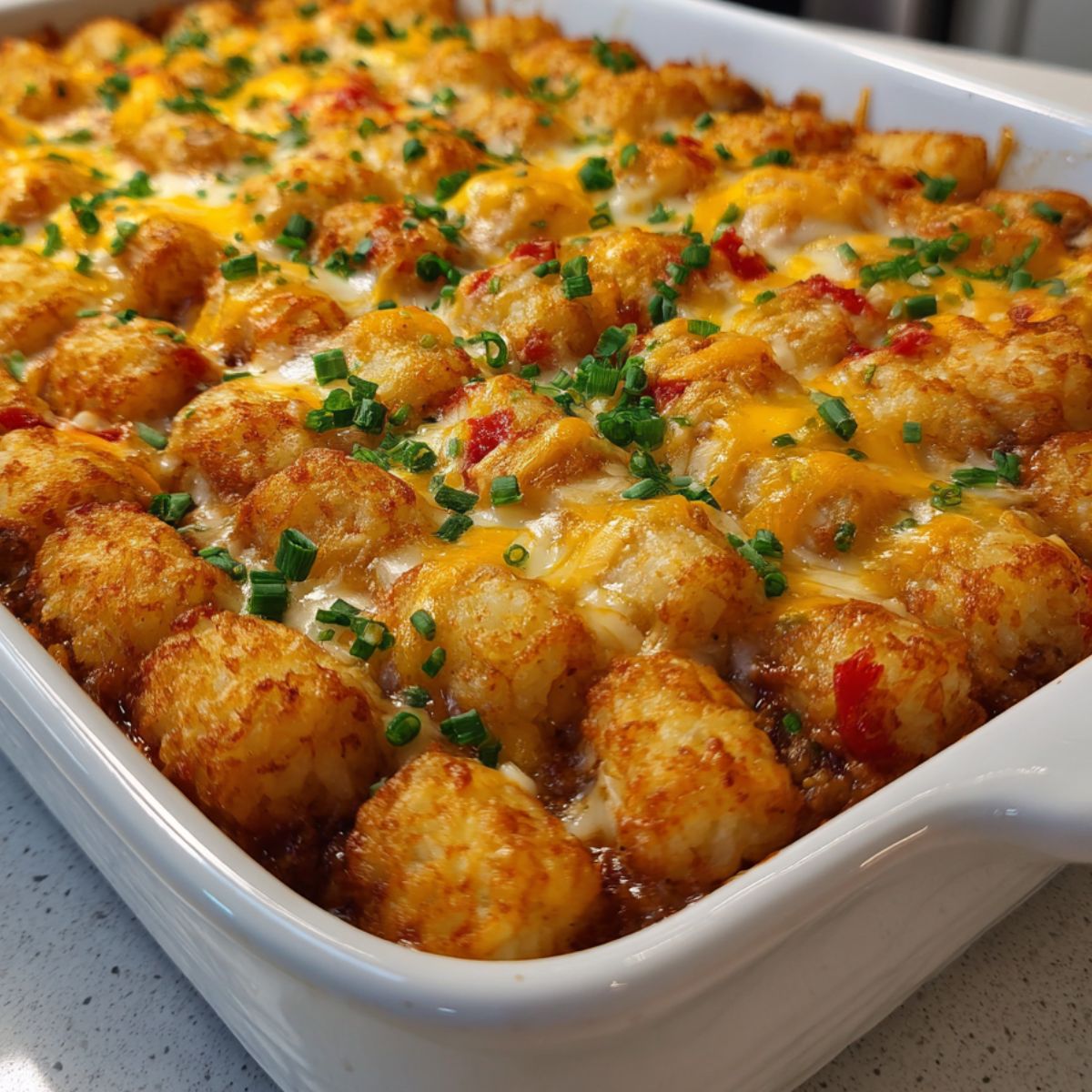 Homemade chili cheese tater tot casserole in a baking dish on a white counter, top-down shot.