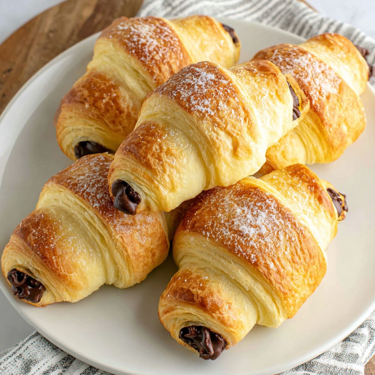 Freshly baked Chocolate French Croissant on a white kitchen counter, photographed from above with a warm homemade feel.