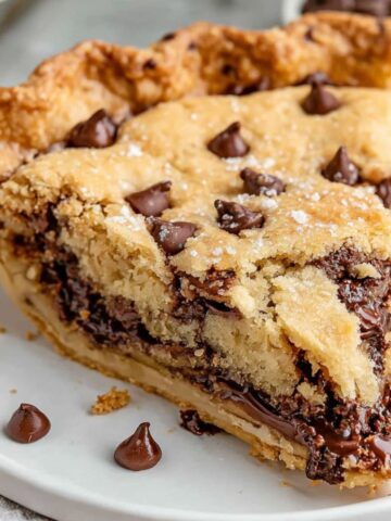 Overhead shot of a homemade chocolate chip pie with golden crust and melted chocolate chips on a white kitchen counter.