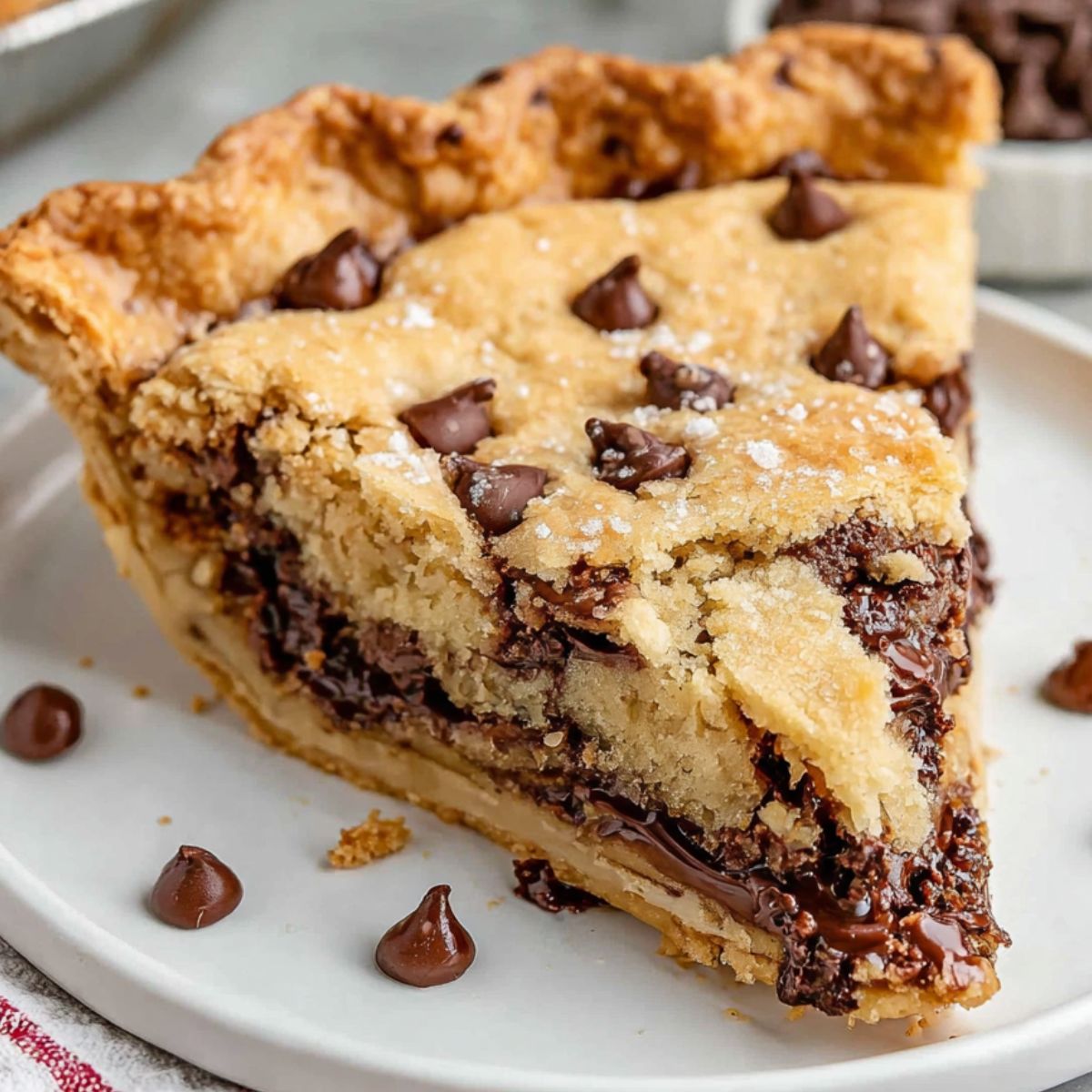 Overhead shot of a homemade chocolate chip pie with golden crust and melted chocolate chips on a white kitchen counter.