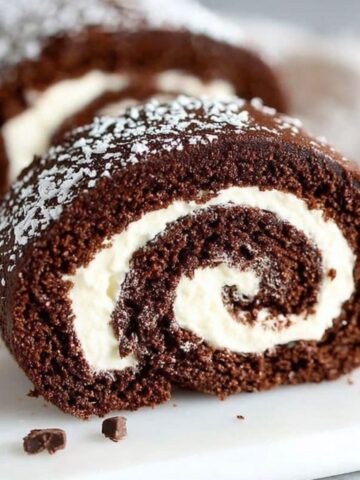 Homemade chocolate swiss roll cake with cocoa sponge and cream filling on a white kitchen counter, dusted with powdered sugar.