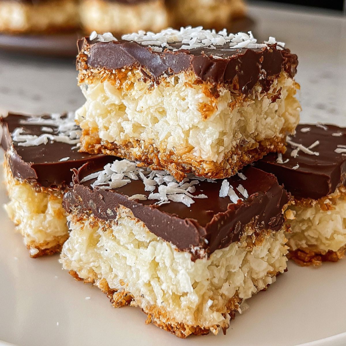 Top-down view of homemade coconut bars with chocolate topping on a white kitchen counter.