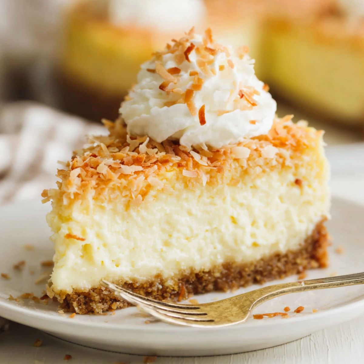 Homemade coconut cheesecake with toasted coconut topping on a white kitchen counter