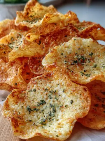 Homemade crispy cottage cheese chips in a dish on a white kitchen counter,