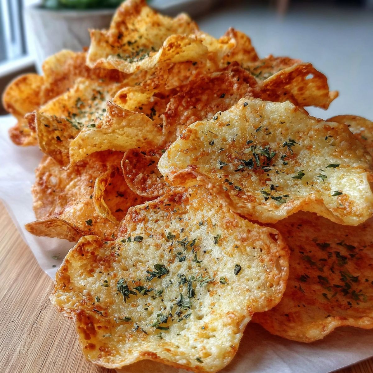 Homemade crispy cottage cheese chips in a dish on a white kitchen counter,