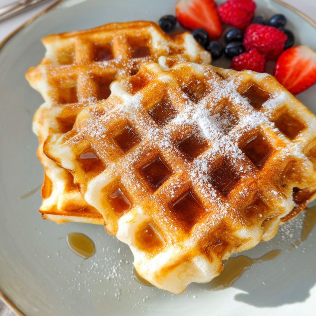 Stack of golden homemade Greek yogurt waffles with berries and honey on a kitchen counter.