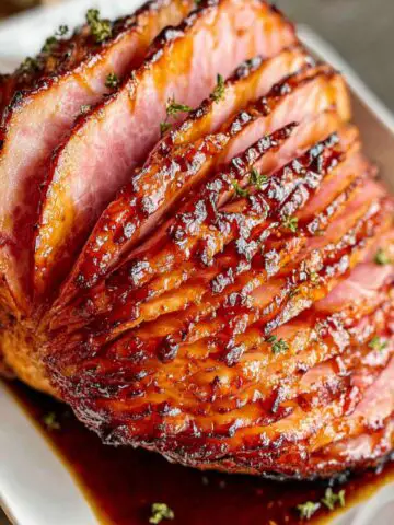 Homemade 3-ingredient brown sugar ham glaze on a white kitchen counter with a caramelized finish